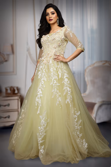 Pastel Yellow A-Line Tulle Gown with 3D Floral Embellishments — view 3 of 4