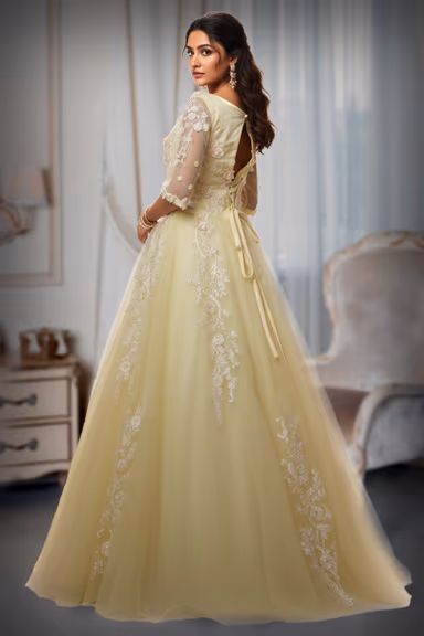 Pastel Yellow A-Line Tulle Gown with 3D Floral Embellishments — view 4 of 4