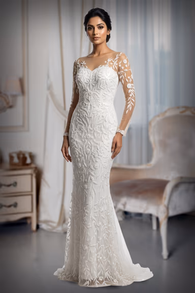 Pure White Bridal Gown Featuring Sheer Sleeves And Delicate Floral Embroidery Perfect For A Romantic Wedding — view 2 of 2