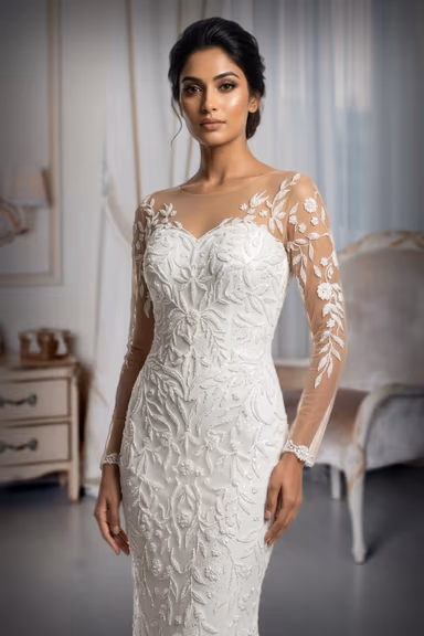 Pure White Bridal Gown Featuring Sheer Sleeves And Delicate Floral Embroidery Perfect For A Romantic Wedding — view 1 of 2