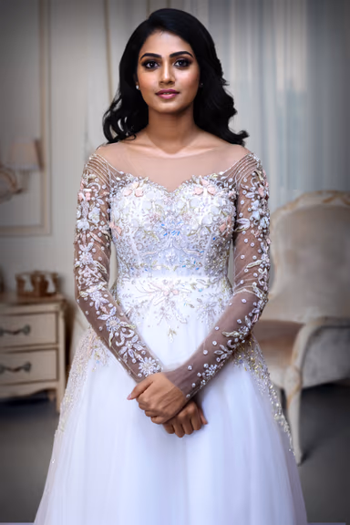 Elegant White Bridal Gown with Beaded Lace Work and Flowing Train — view 1 of 3