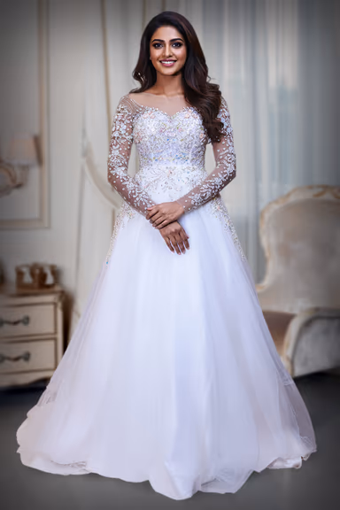 Elegant White Bridal Gown with Beaded Lace Work and Flowing Train — view 2 of 3
