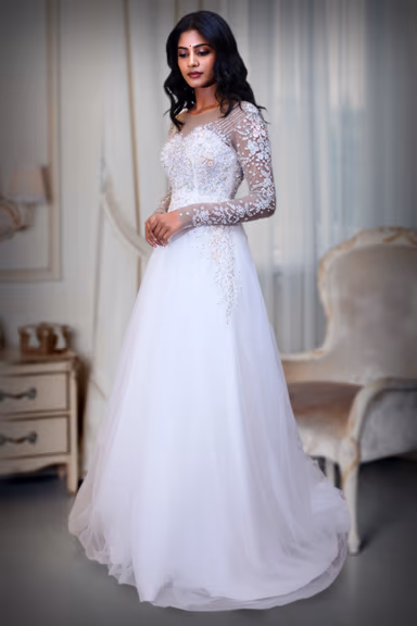 Elegant White Bridal Gown with Beaded Lace Work and Flowing Train — view 3 of 3
