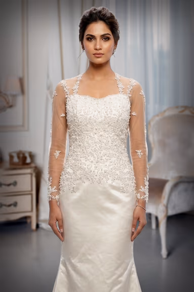 Elegant White Bridal Gown Featuring Sheer Sleeves And Delicate Floral Embroidery Perfect For A Romantic Wedding — view 1 of 2