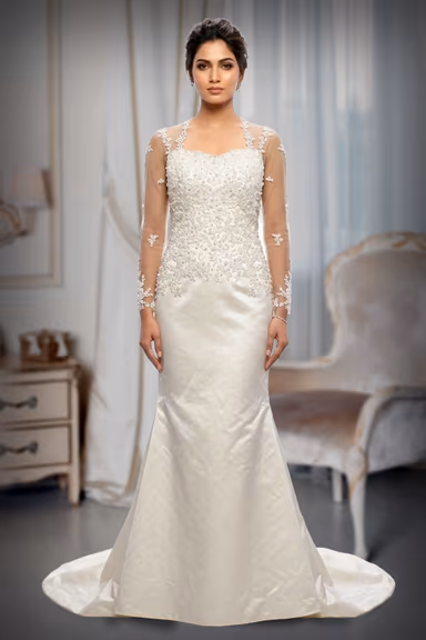 Elegant White Bridal Gown Featuring Sheer Sleeves And Delicate Floral Embroidery Perfect For A Romantic Wedding — view 2 of 2