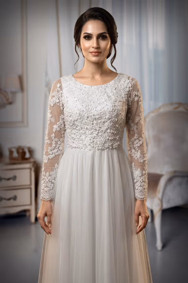 White Bridal Gown With Heavy Lacework Details On Front Yoke Along With Sleeves — view 1 of 2