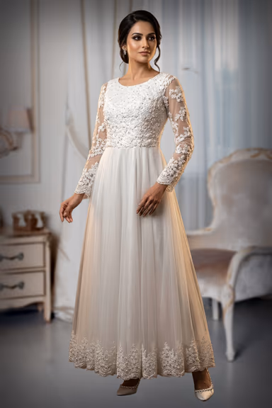 White Bridal Gown With Heavy Lacework Details On Front Yoke Along With Sleeves — view 2 of 2