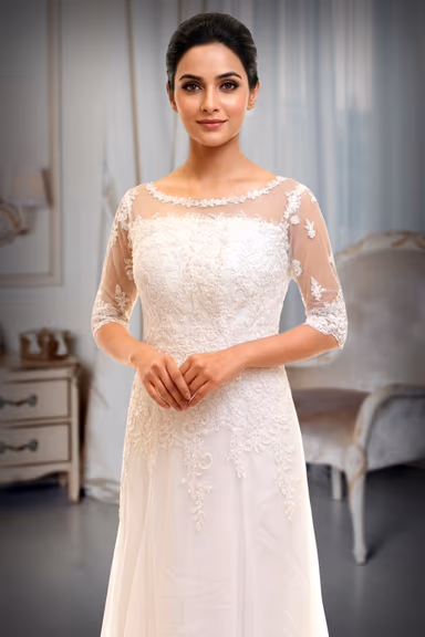 White mermaid style gown with applique and bead work details — view 1 of 2