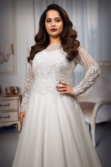 White Net Gown with Full Beaded Bodice and Full Sleeves — view 1 of 4