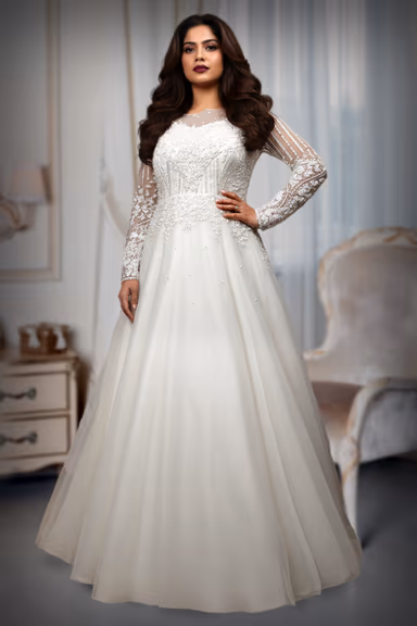 White Net Gown with Full Beaded Bodice and Full Sleeves — view 2 of 4