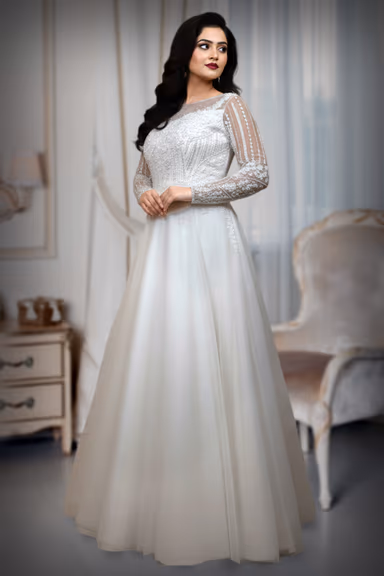 White Net Gown with Full Beaded Bodice and Full Sleeves — view 3 of 4