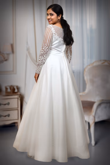 White Net Gown with Full Beaded Bodice and Full Sleeves — view 4 of 4