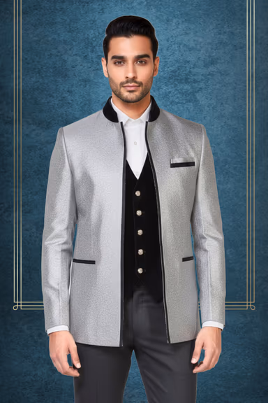 Silver Indo-Jodhpuri Suit with Regal Velvet Waistcoat and Timeless Craftsmanship — view 2 of 2