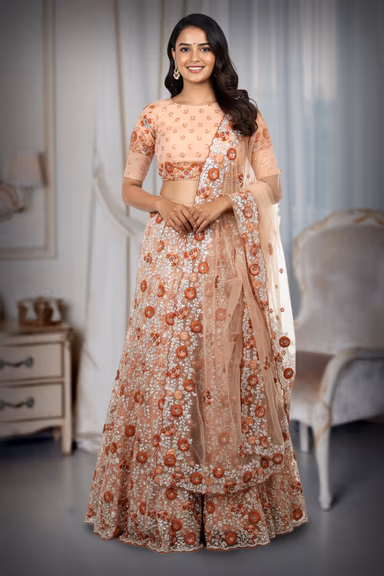Apricot Orange Colour Heavy Threadwork Detailing In Floral Motif  Along With Detailed Dupatta And Blouse — view 2 of 2