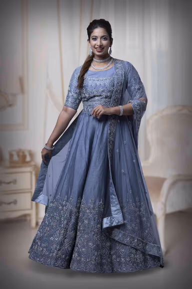 Ash Grey Nakshi Work Silk Lehenga — view 2 of 6