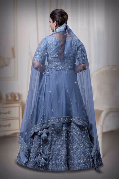 Ash Grey Nakshi Work Silk Lehenga — view 4 of 6