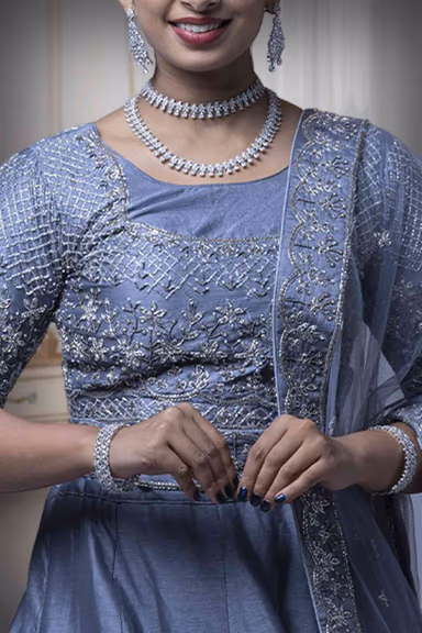 Ash Grey Nakshi Work Silk Lehenga — view 3 of 6