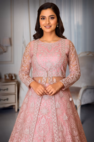 Baby Pink Embroidered Lehenga with Long Sheer Net Jacket and Intricate Thread Work — view 1 of 3