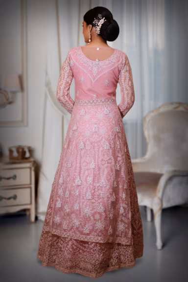 Baby Pink Embroidered Lehenga with Long Sheer Net Jacket and Intricate Thread Work — view 3 of 3