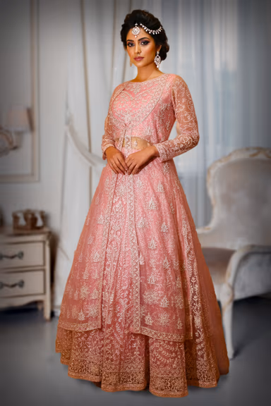 Baby Pink Embroidered Lehenga with Long Sheer Net Jacket and Intricate Thread Work — view 2 of 3