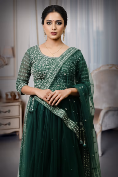 Beautifully Crafted Bottle Green Lehenga, Offering A Harmonious Mix Of Pastel Hues And Shimmering… — view 1 of 4