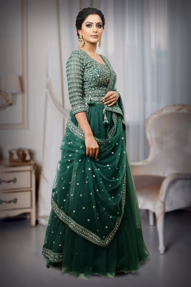 Beautifully Crafted Bottle Green Lehenga, Offering A Harmonious Mix Of Pastel Hues And Shimmering… — view 3 of 4