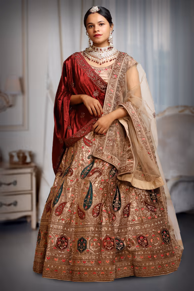 Beige Bridal Lehenga With Golden Threadwork Details And Maroon Color Dupatta — view 2 of 3