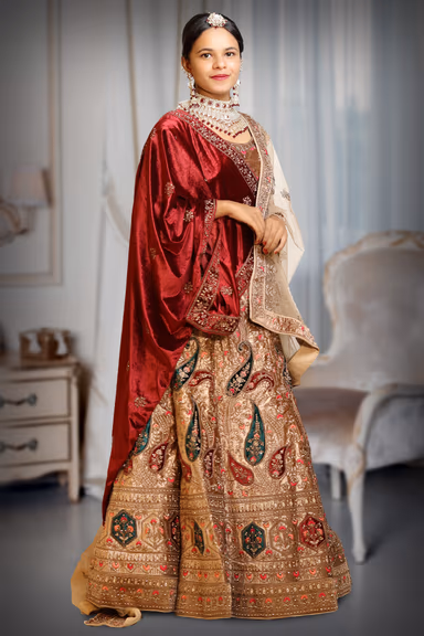 Beige Bridal Lehenga With Golden Threadwork Details And Maroon Color Dupatta — view 3 of 3