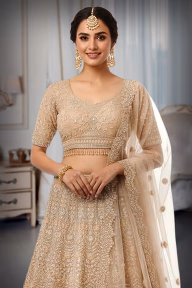 Beige Heavy Embellished Bridal Lehenga With Golden Stone Details On Skirt , Crop Top And Dupatta — view 1 of 2
