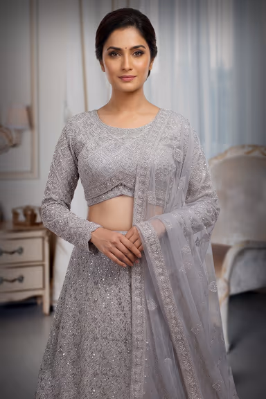 Beige Heavy Embellished Bridal Lehenga With Golden Stone Details On Skirt , Crop Top And Dupatta — view 1 of 3