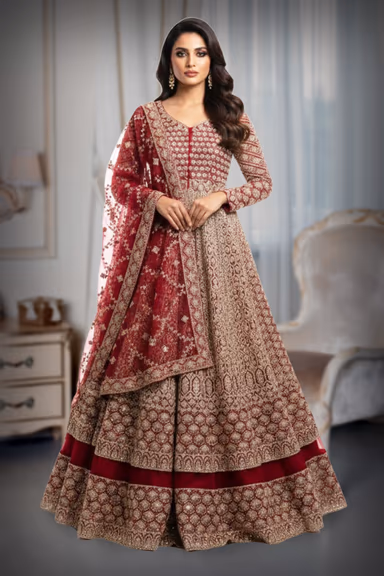 Berry Red Anarkali Features Intricate Sequin Embellishments Detailed Embroidery And A Matching Sheer Net… — view 2 of 2