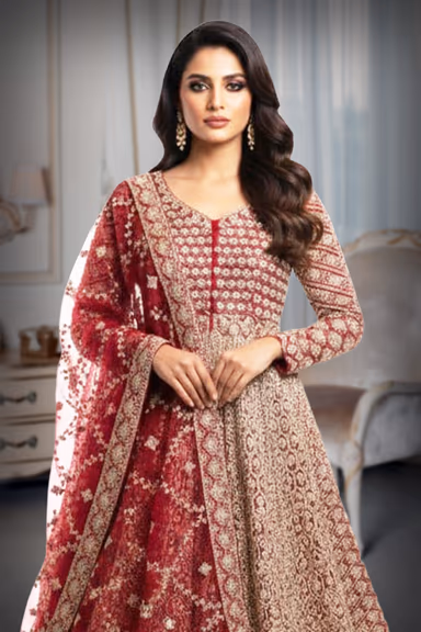 Berry Red Anarkali Features Intricate Sequin Embellishments Detailed Embroidery And A Matching Sheer Net… — view 1 of 2