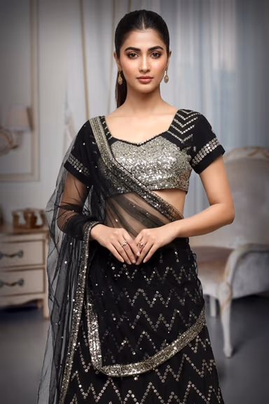 Black Colour Georgette Lehenga With Heavy Golden Zari Work Detailing And Heavy  Detailed Blouse — view 1 of 3