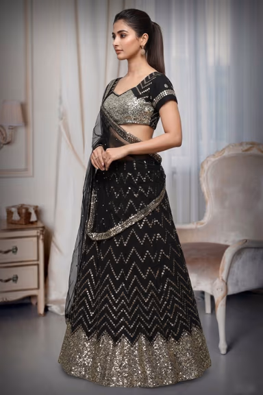 Black Colour Georgette Lehenga With Heavy Golden Zari Work Detailing And Heavy  Detailed Blouse — view 3 of 3