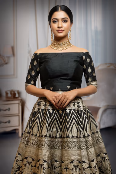 Black and Gold Banarasi Silk Lehenga with Zari Weaving and Matching Blouse — view 1 of 2
