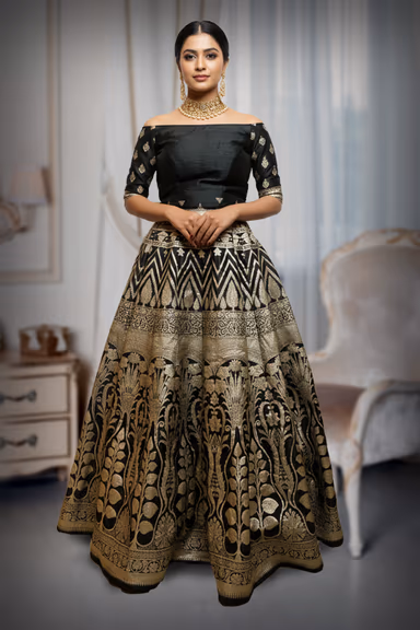 Black and Gold Banarasi Silk Lehenga with Zari Weaving and Matching Blouse — view 2 of 2