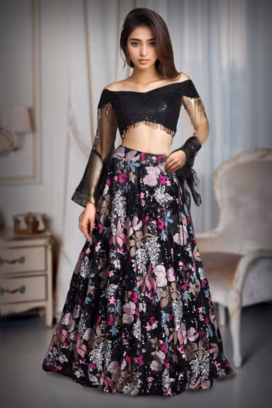 Black Pre Wedding Lehenga With Floral Embellishment All over the Skirt — view 2 of 3