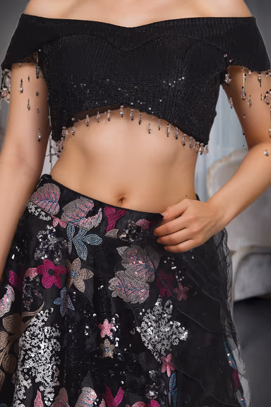 Black Pre Wedding Lehenga With Floral Embellishment All over the Skirt — view 3 of 3