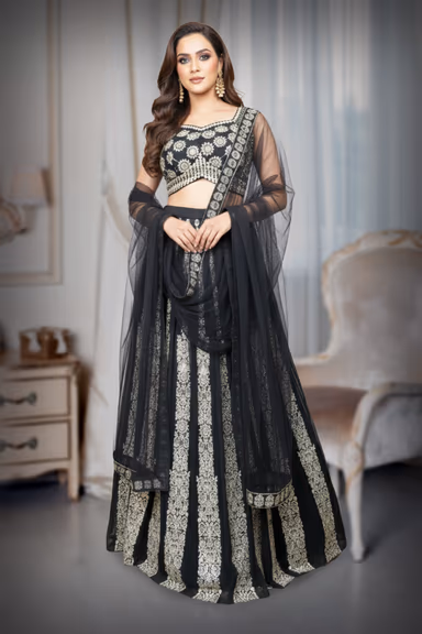 Black and Silver Embroidered Net Lehenga — view 2 of 2