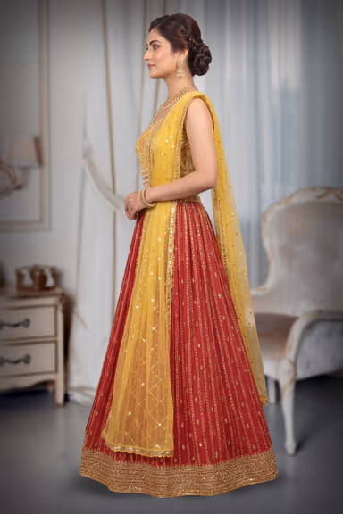 Blood Red Crop Top Lehenga With Yellow Color Dupatta — view 3 of 3