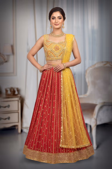Blood Red Crop Top Lehenga With Yellow Color Dupatta — view 2 of 3