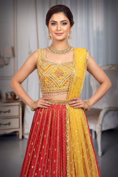Blood Red Crop Top Lehenga With Yellow Color Dupatta — view 1 of 3