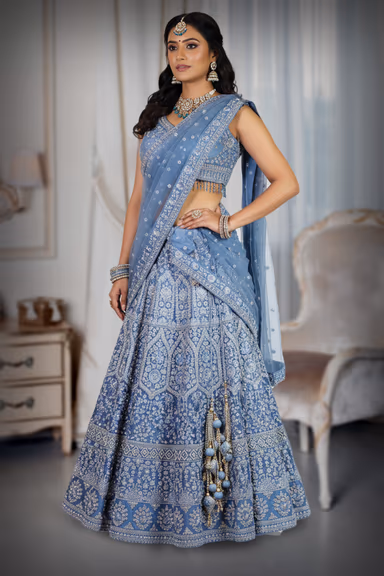 Blue Embellished Bridal Lehenga — view 3 of 4