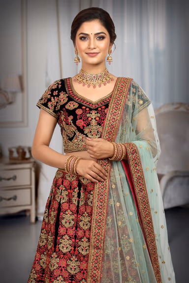 Blue Lehenga With Gold And Pink Zari Work — view 1 of 3
