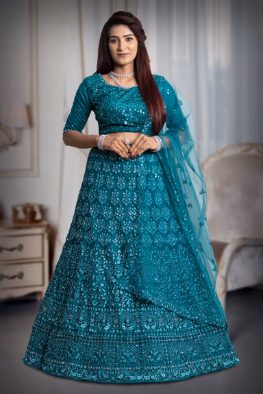Blue jarkan stone work lehenga — view 2 of 5