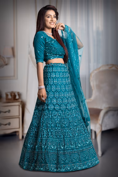 Blue jarkan stone work lehenga — view 4 of 5