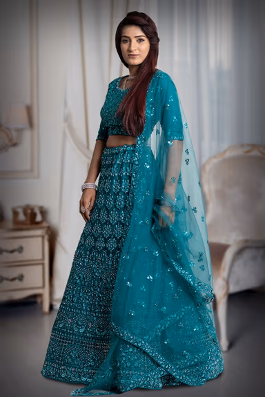 Blue jarkan stone work lehenga — view 3 of 5