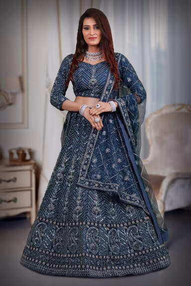 Blue silver lace & sequins work lehenga — view 2 of 5