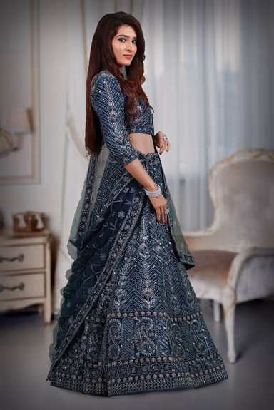 Blue silver lace & sequins work lehenga — view 3 of 5