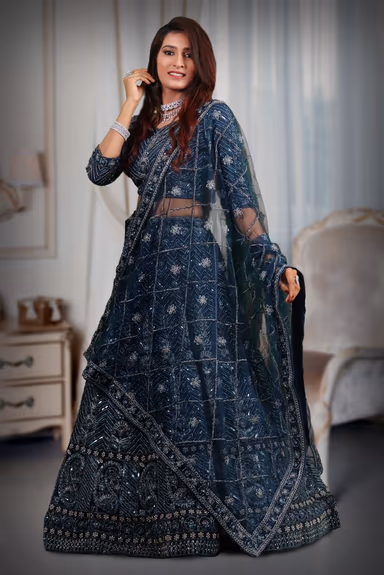 Blue silver lace & sequins work lehenga — view 4 of 5